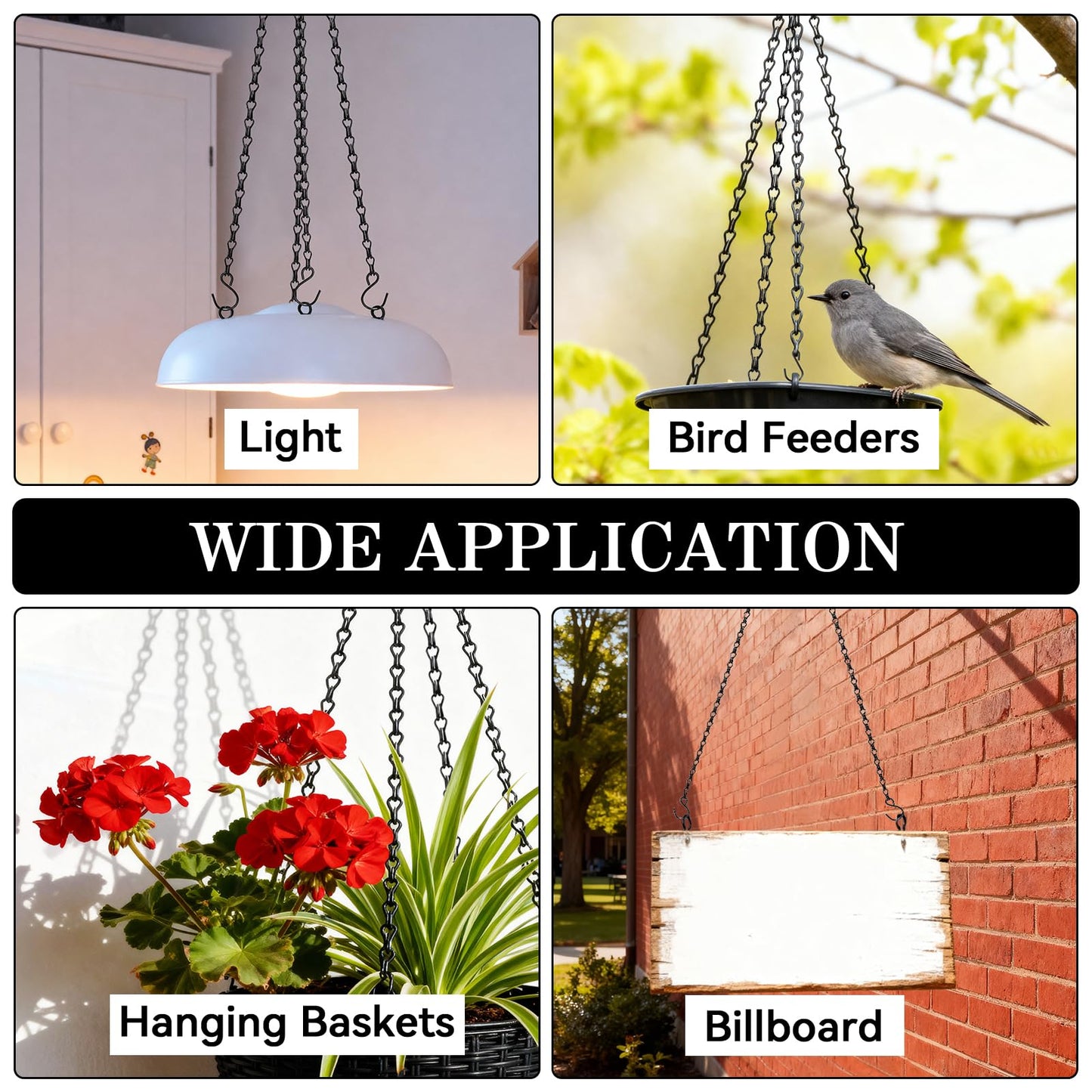 ZeeDix 4 Pack, 16 Inch Hanging Basket Chain with Hooks, Black Metal Planter Flower Pot Chain for Hanging Plants Outdoor, Adjustable Replacement Chain for Lanterns, Bird Feeders and Flowers