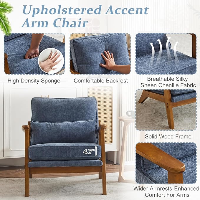 VINGLI Solid Wood Wide Armrests Accent Chair, Upholstered Mid Century Modern