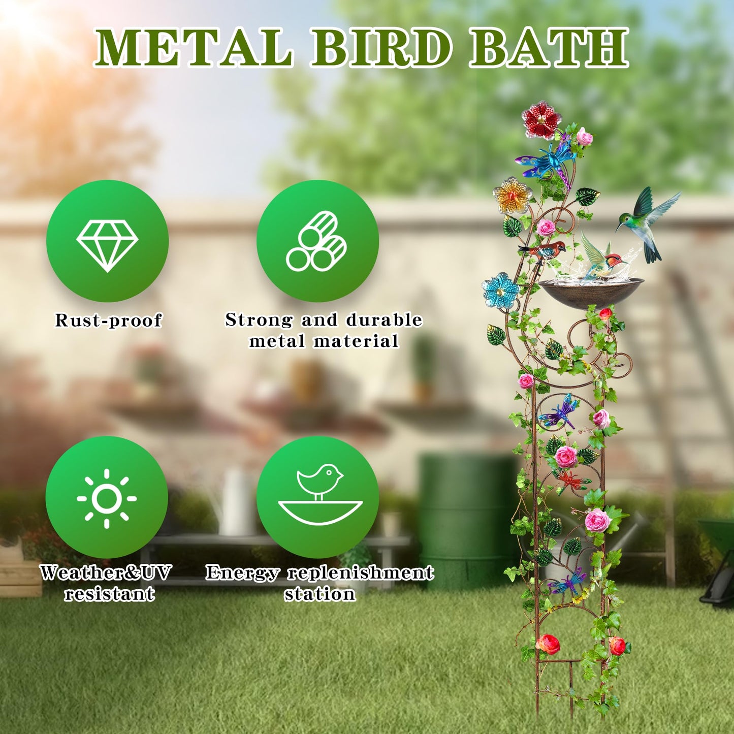 YADOOLIFE 57” Bird Bath with Garden Trellis for Climbing Plants Outdoor, Small Decorative Trellises Metal Birdbath Bird Baths, 1 Piece (Dragonfly)
