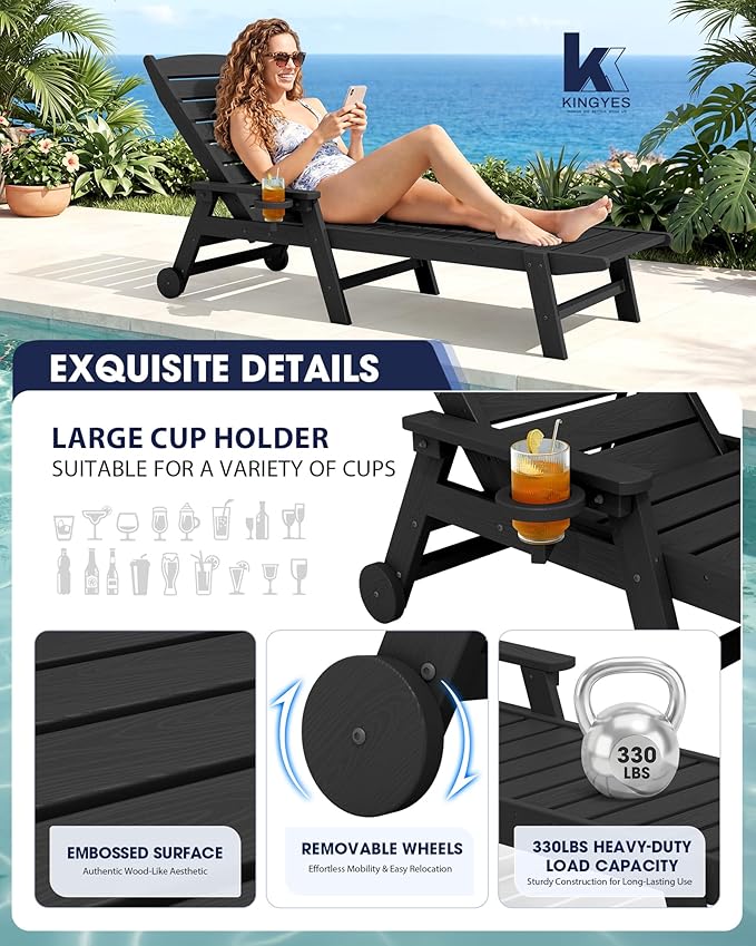 KINGYES HDPE Lounge Chair Outdoor, Patio Chaise Lounge Recliner