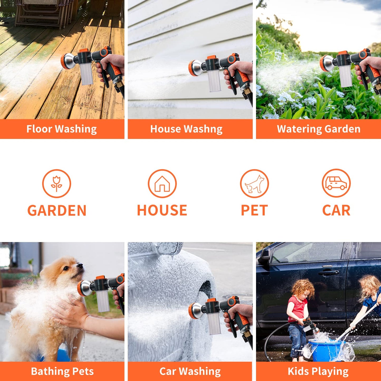 Hongmai Garden Hose Nozzle,8 Patterns Hose Sprayer High Pressure,Heavy Duty Dog Wash,Metal Water Hose Nozzle with Soap Dispenser,Car Wash Foam Gun With Pets Things