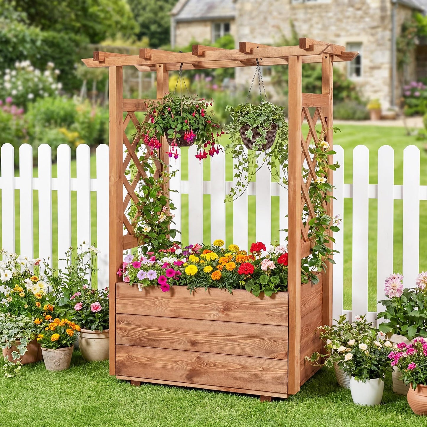 Giantex Raised Garden Bed with Sided Trellis & Roof Set 2, 31”x16”x41” Wood Elevated Planter Box, Freestanding Garden Planter Raised Bed for Flowers Herbs Climbing Vines,Brown