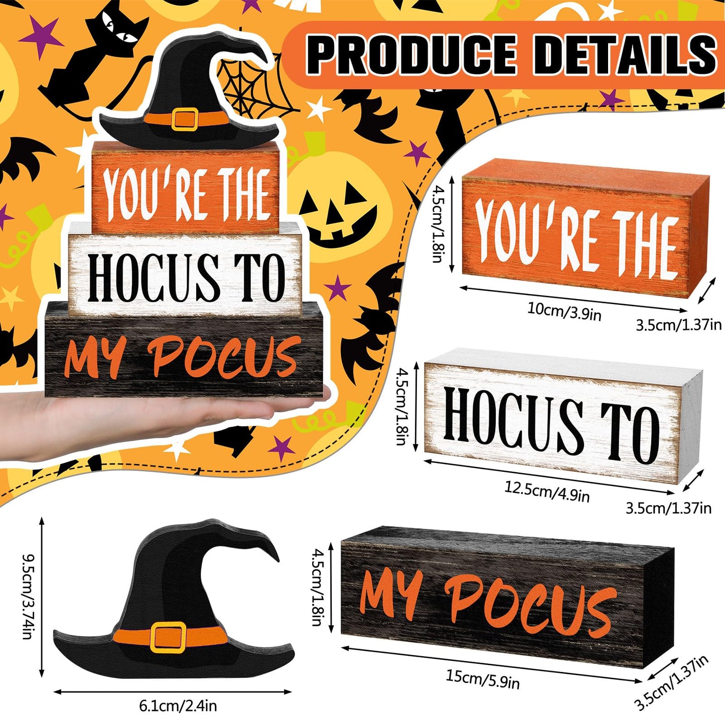 Yuntau 4 Pcs Halloween Hocus Pocus Table Decor Witch Hat Wooden Signs Distressed You're the Hocus to My Pocus Tabletop Centerpieces Witch Tiered Tray Decor Rustic Halloween Decorations for Home Desk