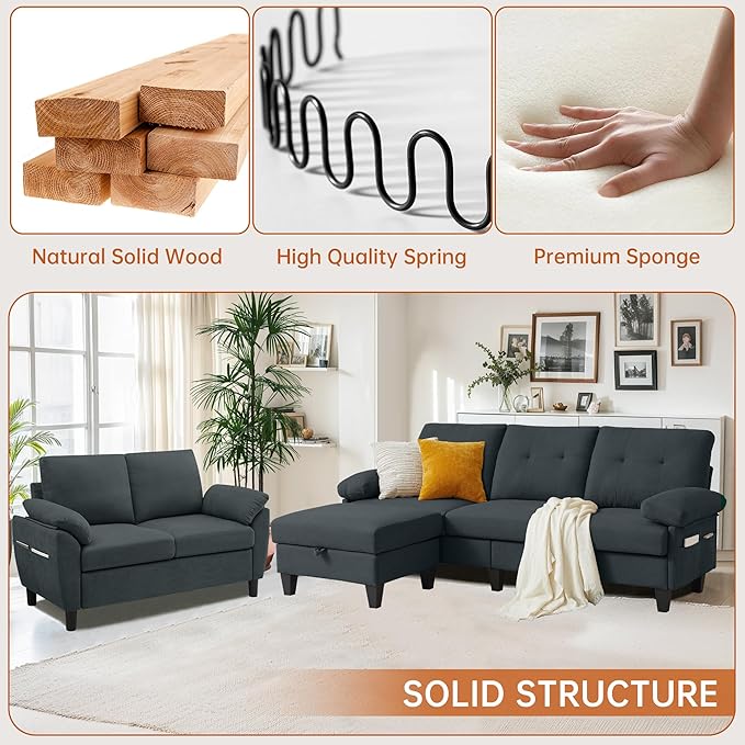 84" Convertible Sectional Sofa Set, 3 Seat L Shaped Couch