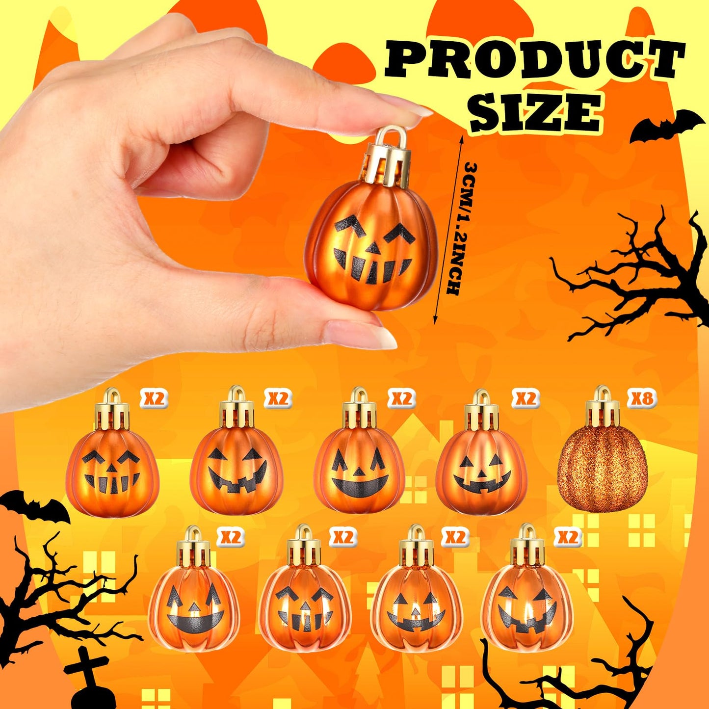 Realspring 36 Pcs Halloween Hanging Pumpkin Ornaments Spooky Mini Halloween Ball Ornaments with Expression Hanging Mini Pumpkin Wall Decor Scary Decorations for Tree Party Supplies