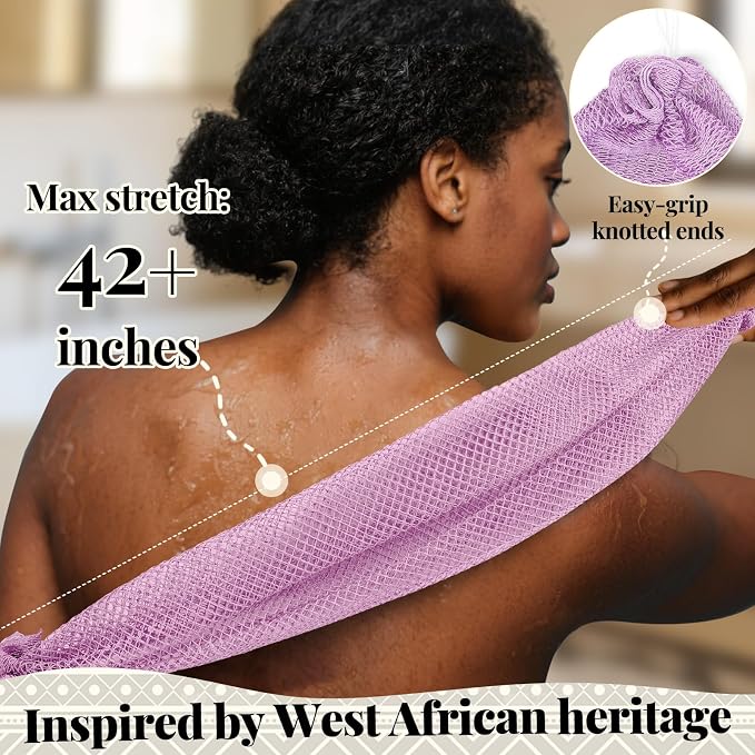 African Net Sponge Authentic-4 Packs African Exfoliating Net Sponge,Bath Sponges for Shower,42 inch Long for Normal to Sensitive Skin, Body Exfoliator Shower -Light Purple,Purple,Light Pink,Neon Pink