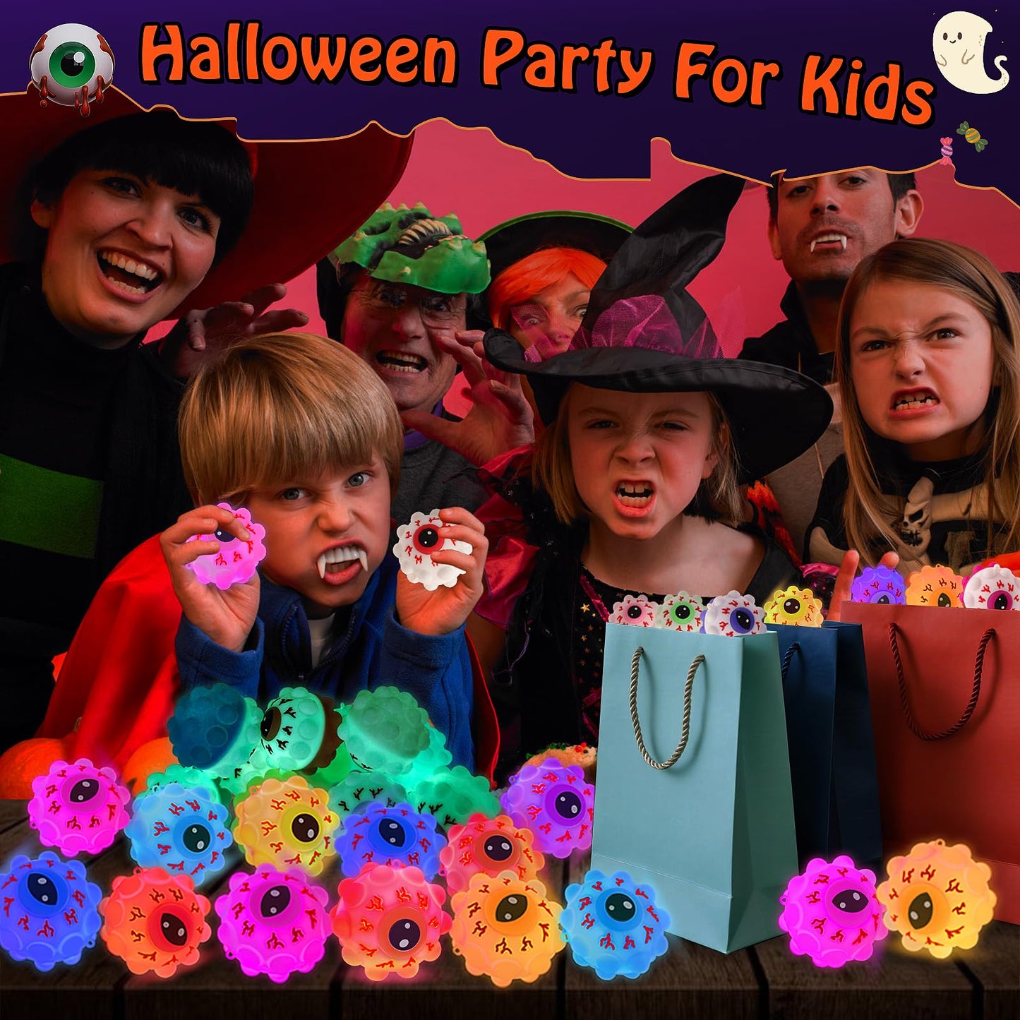 Ksmky 24PCS Halloween Light Up Eye Pop Ball, Halloween Party Favors for Kids, Halloween Toys for Trick or Treat, Goodie Bag Stuffers, Classroom Prizes