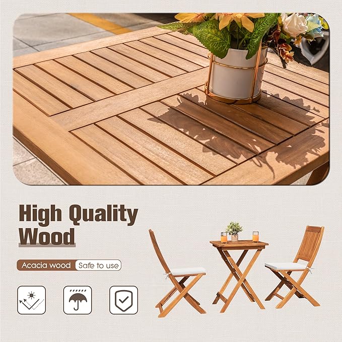Devoko Outdoor 3 Piece Folding Patio Bistro Set Acacia Wood Bistro Table and