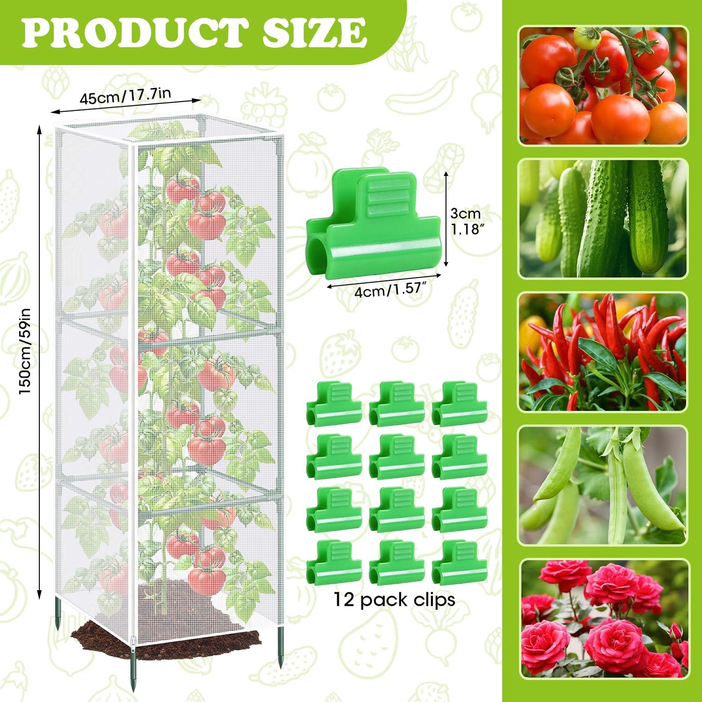 3Pack Garden Bird Netting Plant Cover for Square Tomato Cage,59"x17.7" Insect Bird Barrier Tomato Cage Net with Zipper&12pcs Clips,Tomato Trellis Netting Protection Mesh Cover for Protecting Plants