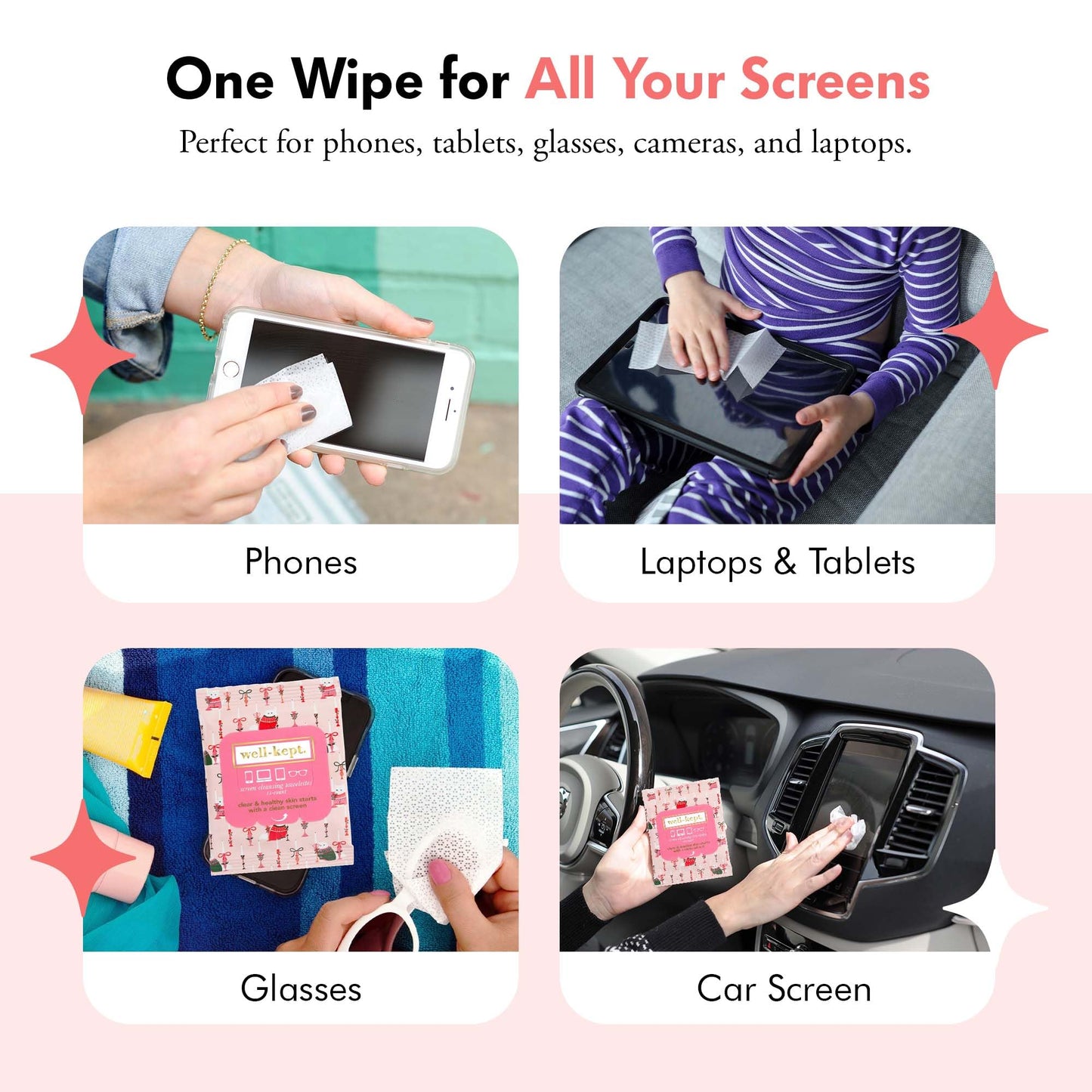 Well-Kept Tech & Lens Wipes - Eyeglass, Screen & Phone Cleaning, Multi-Surface, Lint-Free, Pre Moistened, Streak-Free & Non Scratching - Choupette, 12 Pack (180 Count)