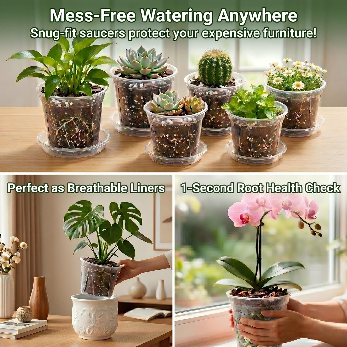 Olsury Clear Nursery Pots with Drainage: Stop Root Rot via Side-Bottom Vents & 1-Second Root Check - Heavy Duty Plastic Pots for Indoor Repotting, Orchids & Aroids (20 Pack with Saucers, 4-6 Inch)