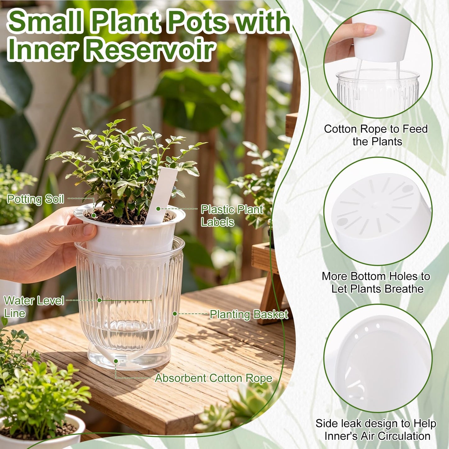 Ferrochef 20 Sets 4 Inch Self Watering Pots Bulk Small Plant Pots with Inner Reservoir, Clear Self Watering Wick Planter Plastic Plant Labels for Indoor Succulents Herbs Flowers Pothos