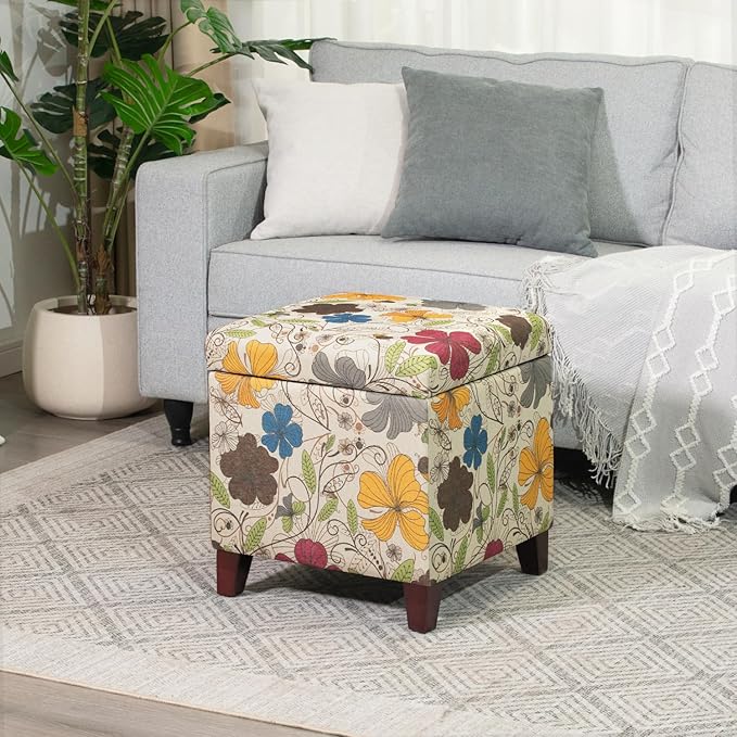 Adeco 18 Inch High Cube Ottoman Storage, Floral Printed Linen Chair Foot Stools