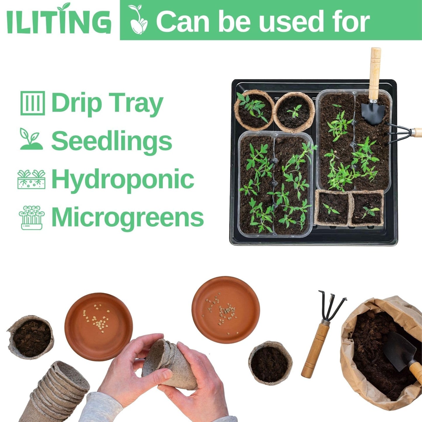 ILITING Plant Growing Trays for Seedlings Microgreen Seed Starter Shallow Plants Tray Drip Tray Standard 1010 Tray No Holes 10 Pack Black 10.7 x 10.7 inches Square Trays