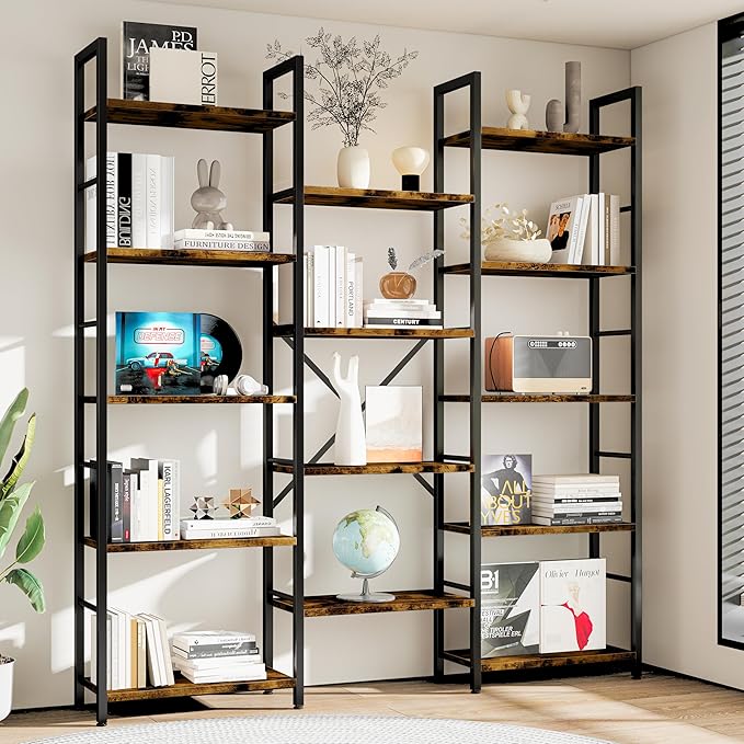 Shintenchi Triple Column 5 Tier Bookshelf, Industrial Large Bookcase Display