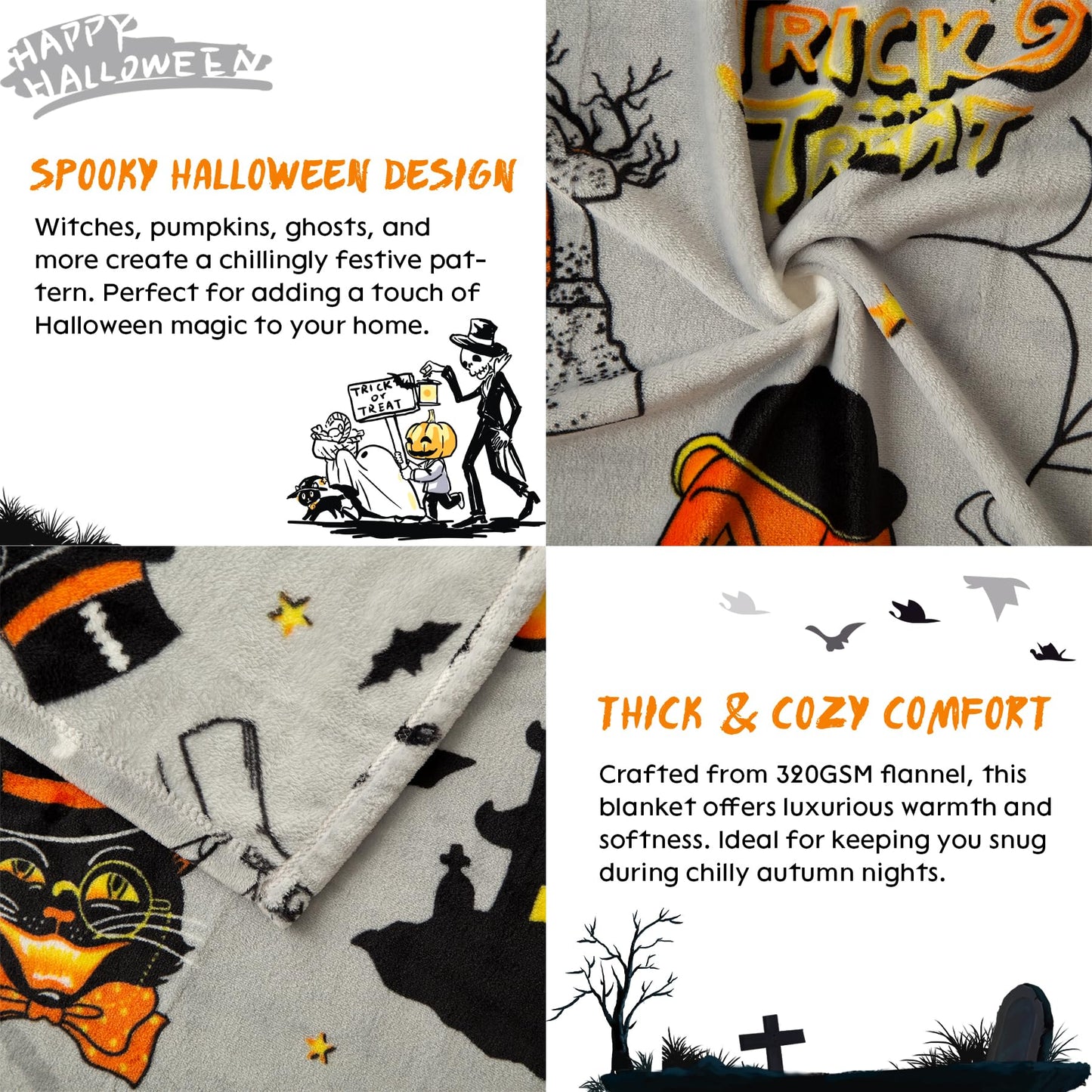 Pumpkin Halloween Throw Blanket 50” x 70” Reversible Castle Cat Bat Print Fleece Throw Blanket, 320 GSM Surper Soft Warm Cozy Blanket for Couch Sofa, Halloween Harvest Gifts and Orange Home Decor