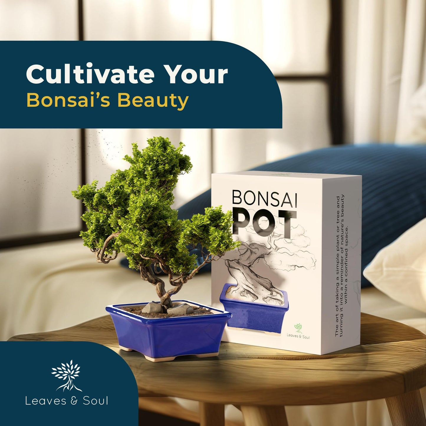 Leaves and Soul Blue Rectangular Bonsai Pot Ceramic Planter | Glazed Small Bonsai Tree Pot with Drainage for Succulents & Indoor Plants | Decorative Bonsai Planter for Tables, Home & Garden Décor