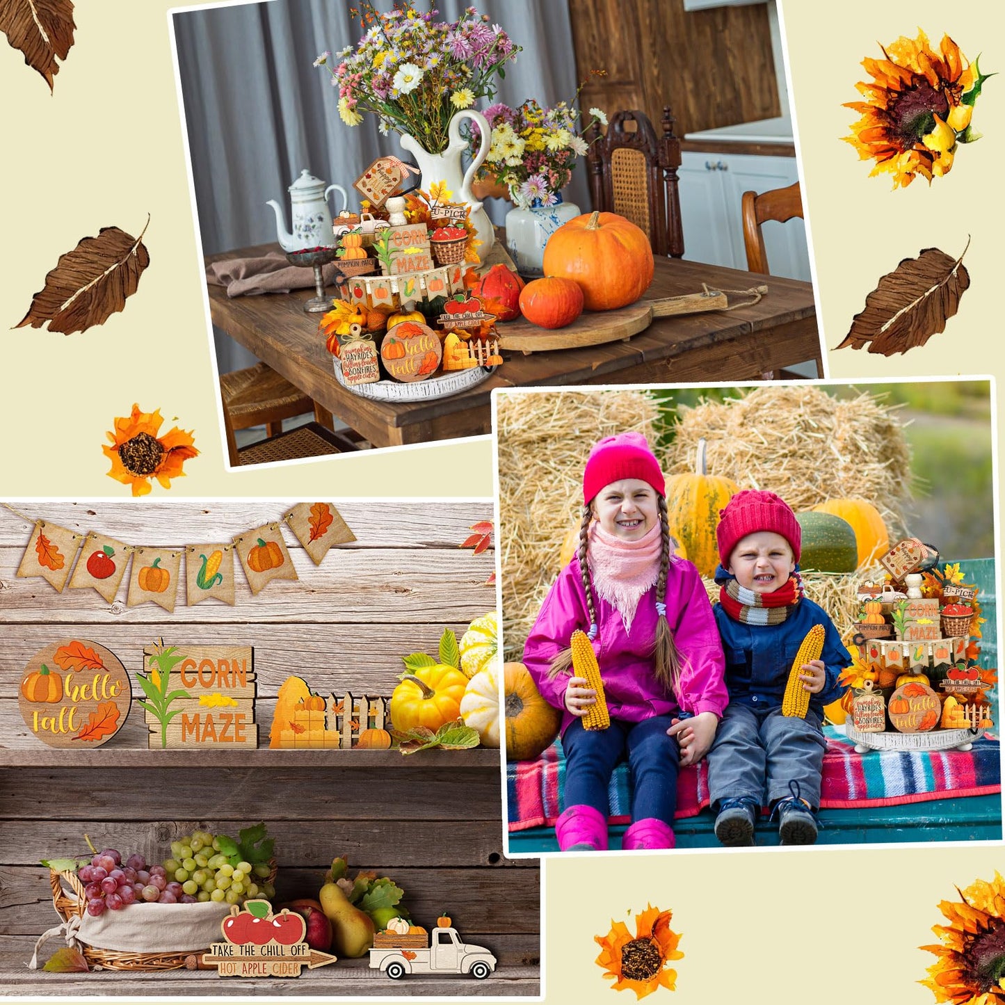 BBTO Set of 15 Fall Tiered Tray Decor Pumpkins Farmhouse Decor Autumn Maple Leaf Thanksgiving Table Centerpieces Harvest Wood Blocks Signs for Home(Harvest Style)