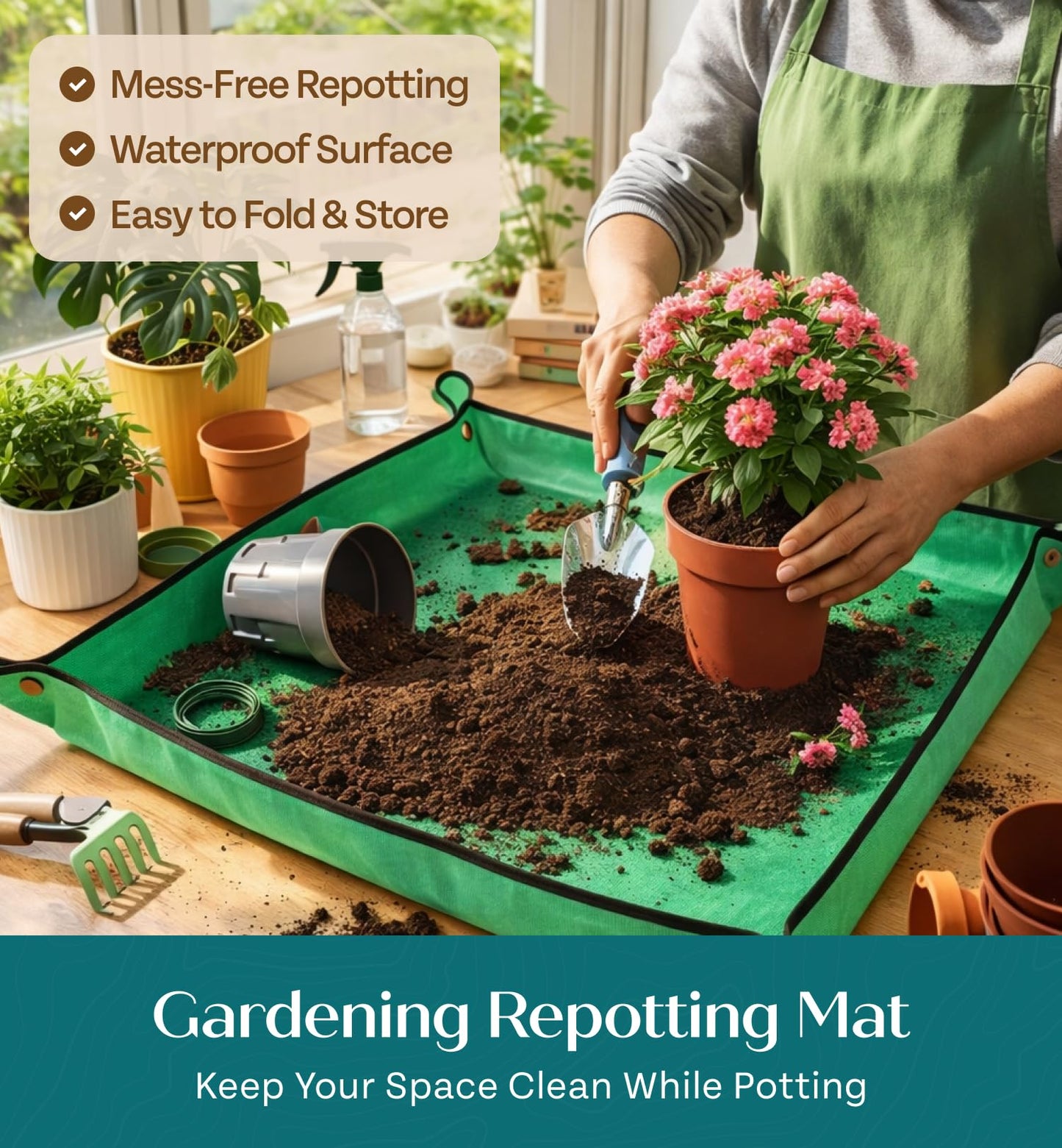 Heavy Duty Gardening Tools - Gardening Gifts for Women, Men, Mom, Dad - Durable, Ergonomic Garden Tools Set (Green with Potting Mat)