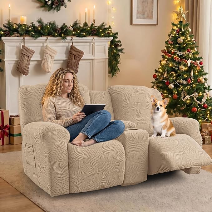 Recliner Loveseat Covers with Console, 6-Piece Stretch Geometric Strokes