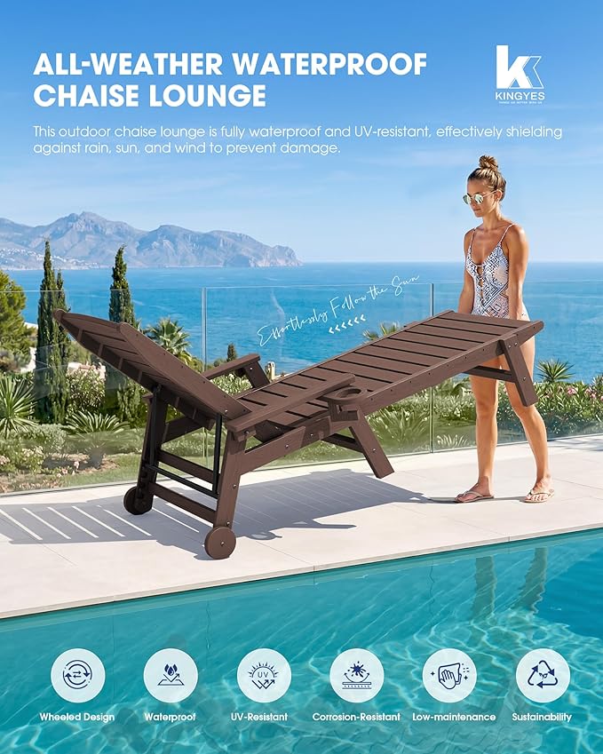 KINGYES HDPE Lounge Chair Outdoor, Patio Chaise Lounge Recliner