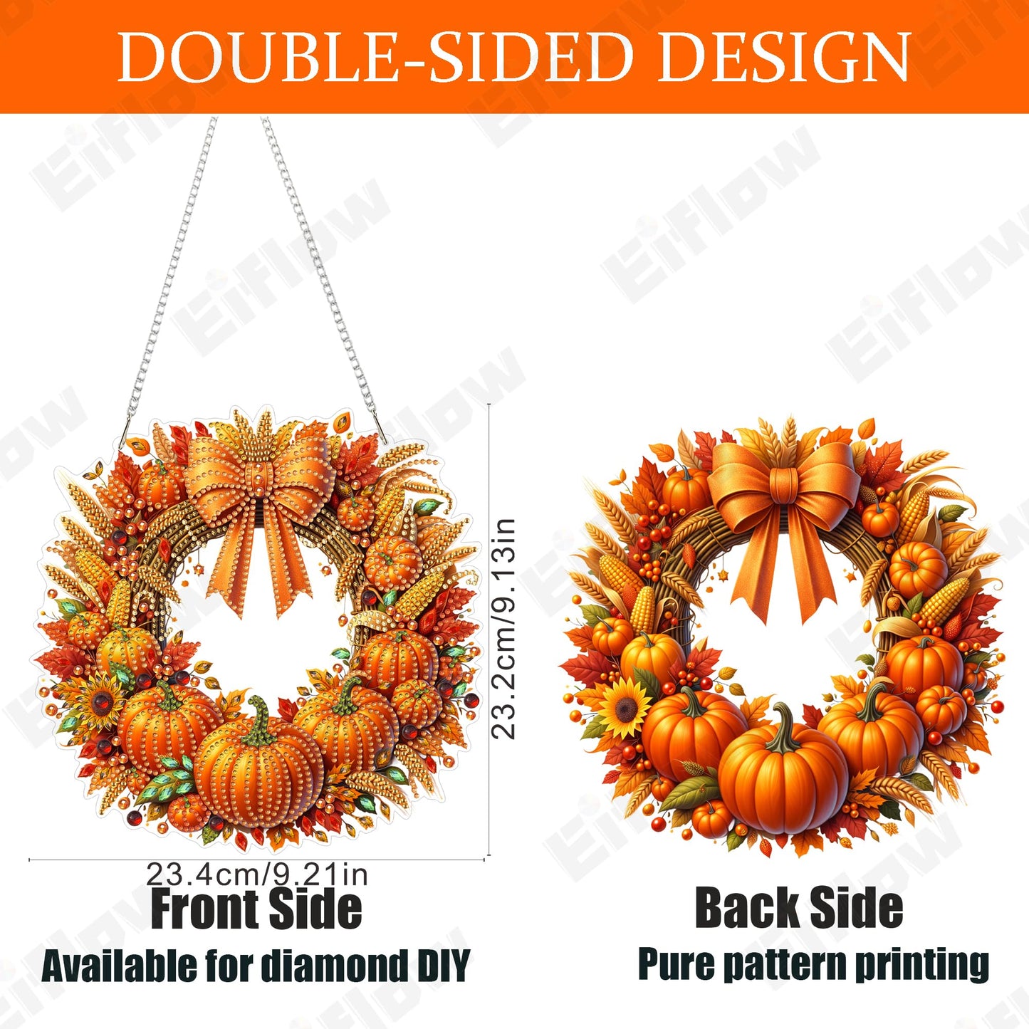Eiflow Acrylic Diamond Art Hanging Kit for Adults Pumpkin Wreath, DIY Diamonds Painting Door Hanger Board Kit, Special Crystal Diamond Art Painting Pendant Ornament (Fall Wreath)
