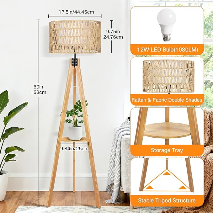 OUTON Boho Rattan Tripod Floor Lamp