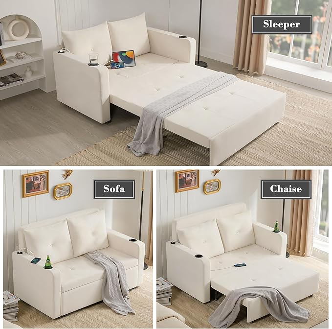 Krcix 3 in 1 Pull Out Couch, 56 Inch Velvet Sofa Bed, Convertible Sleeper Sofa