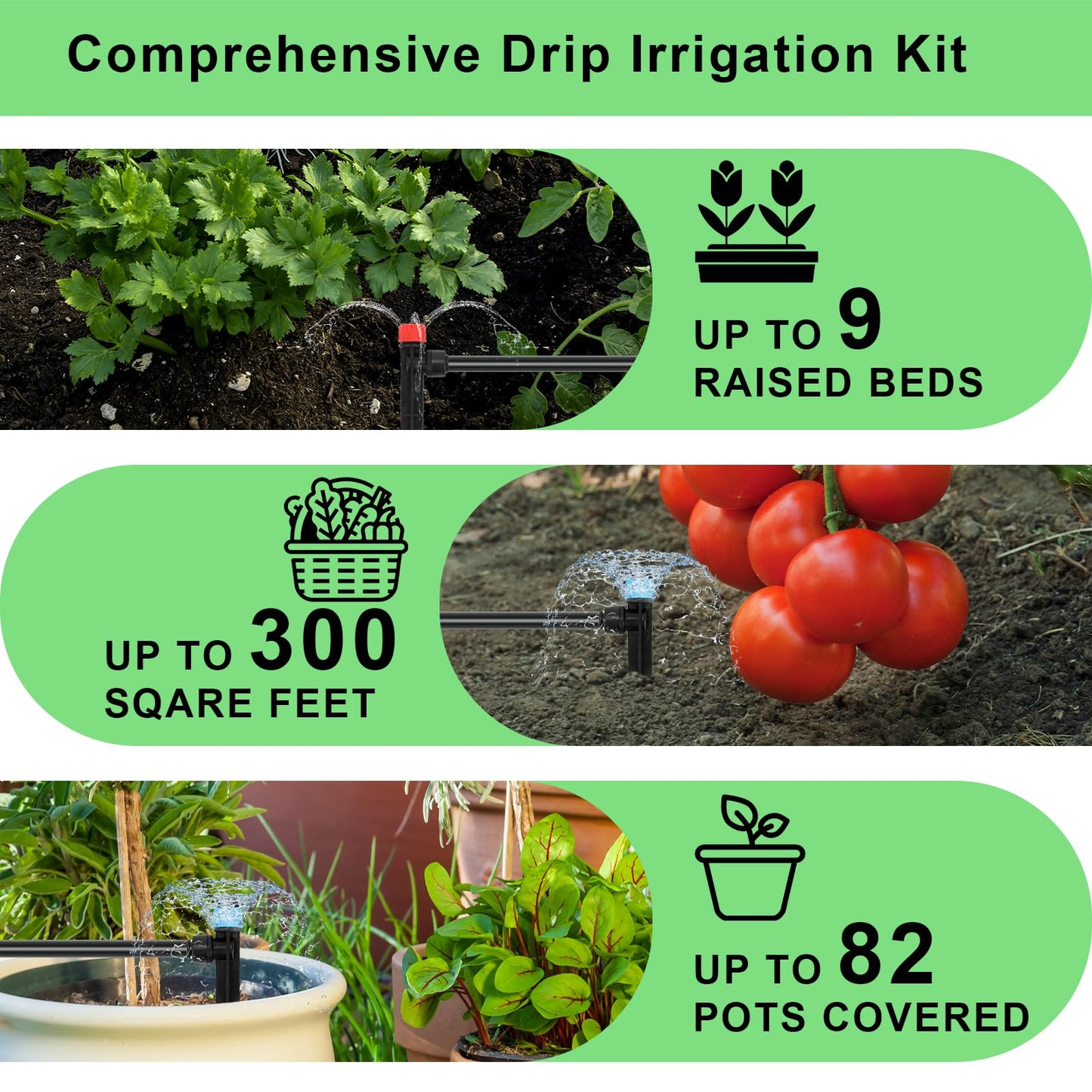 250FT Drip Irrigation System for Garden - 50FT 1/2" Main Tube & 200FT 1/4" Branch Tubing, Brass Splitter, Quick Connect Design, Perfect for Outdoor Plants, Raised Beds, Greenhouses
