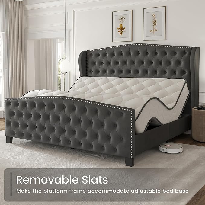 LARMACE King Size Bed Frame Velvet Upholstered Platform Bed