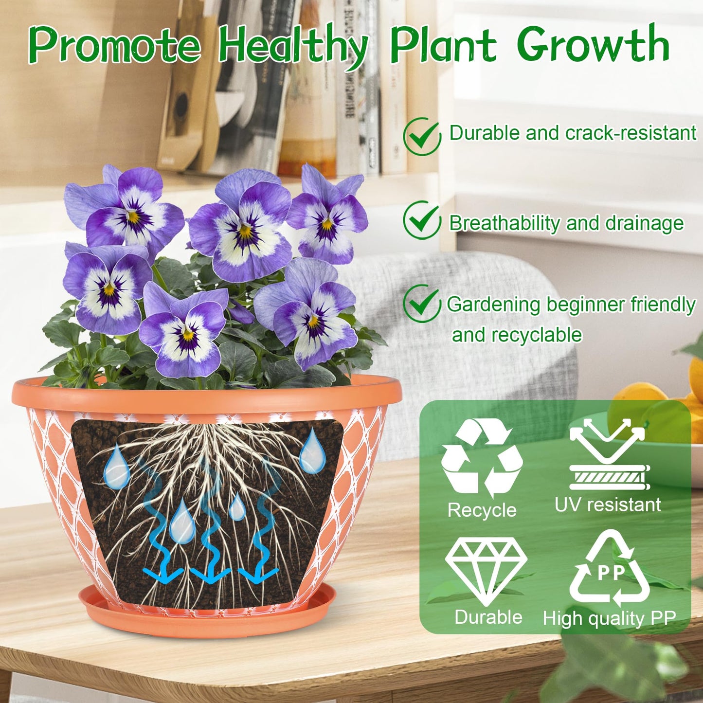 Nooulap 6 Pack 8 Inch Plant Pot, Flower Pots for Indoor Outdoor, Durable Decorative Planters for House Garden Plants Herbs Flowers Succulents