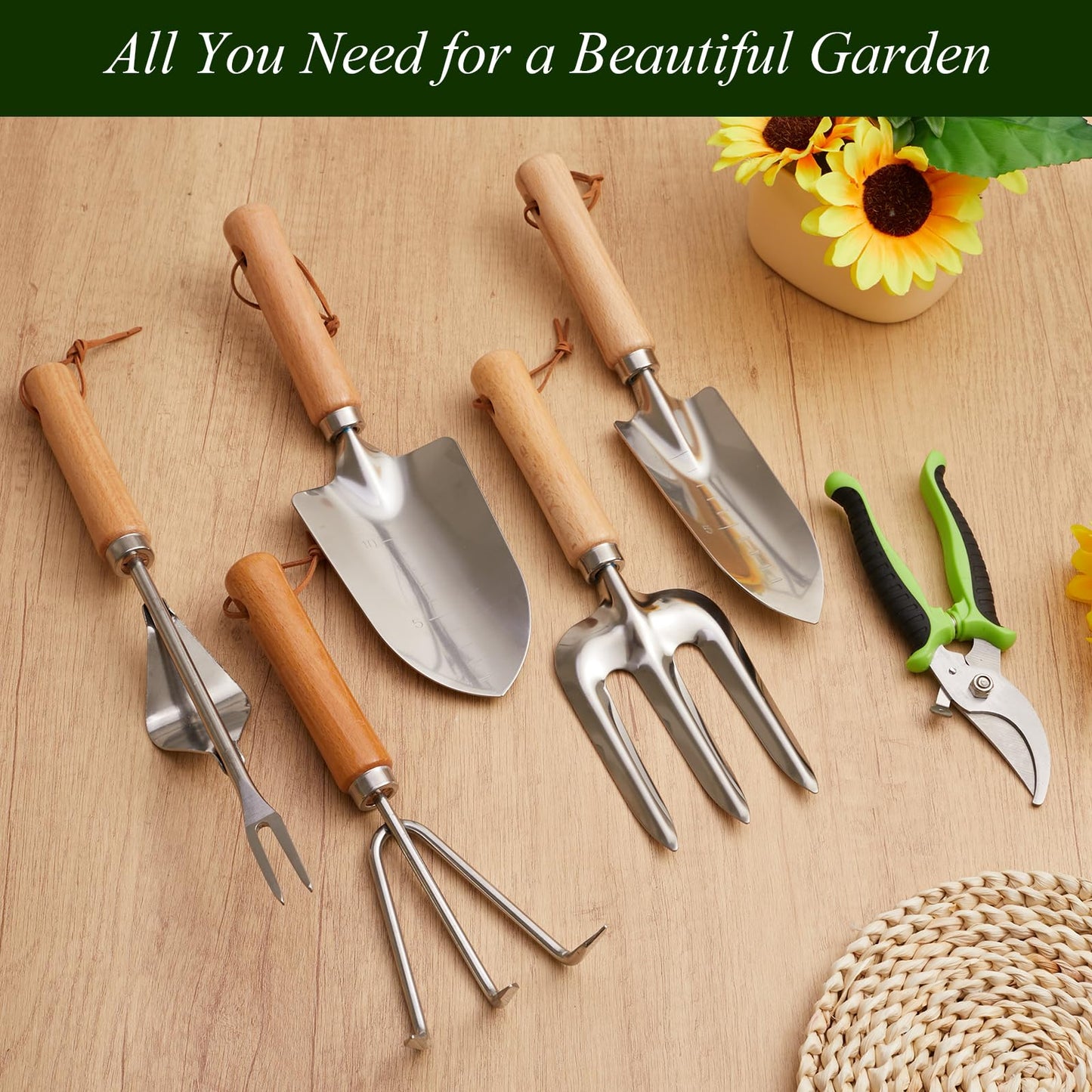 VerdantVibes Gardening Tools Set - 10 Piece Stainless Steel Garden Tools with Wood Handle, Pruners & Romantic Pink Floral Tote Bag - Cute Heavy Duty Gardening Gifts for Women Mom Wife