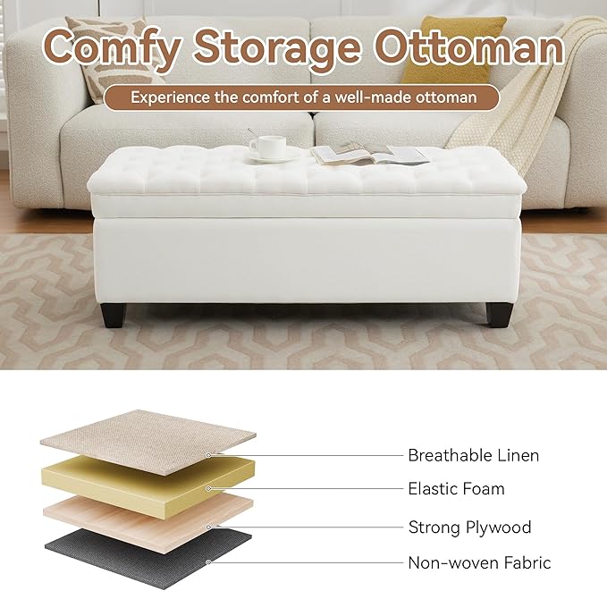 WUTUTUEE 51" Fabric Storage Ottoman Bench, Upholstered Rectangle End of Bed