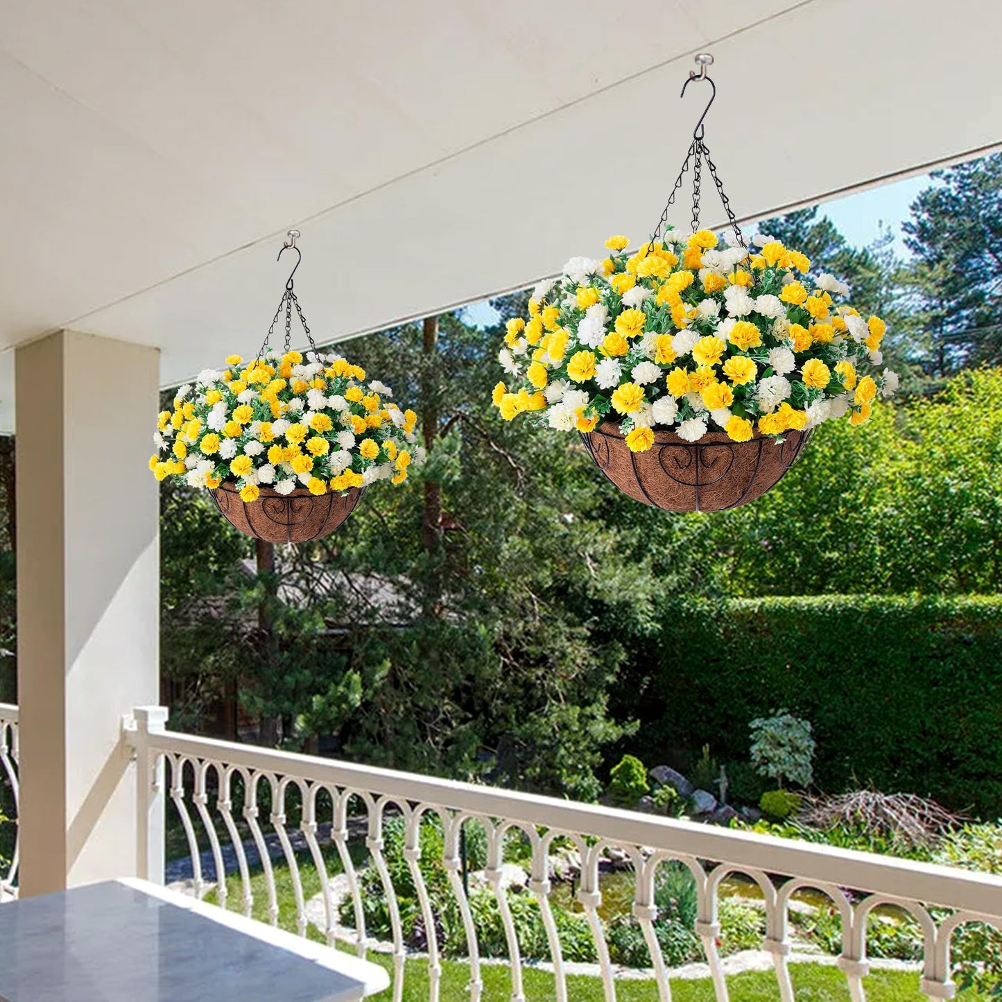 Artificial Hanging Flowers Basket for Spring Outdoors Decoration, Silk Mums Fake Flowers UV Resistant Look Real Daisy with Coconut Lining Baskets for Outside Porch Courtyard Decor(Yellow and White)