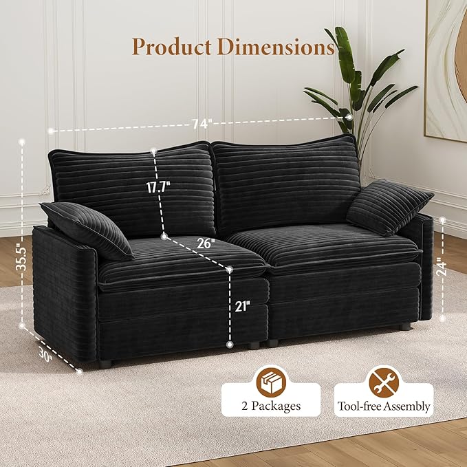 Vesgantti 74" Cloud Couch for Living Room, 2 Seaters Deep Seat Sectional