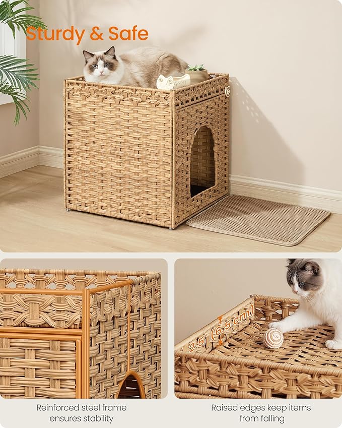 Feandrea Cat Litter Box Enclosure, Handwoven Rattan Hidden Litter Box Furniture