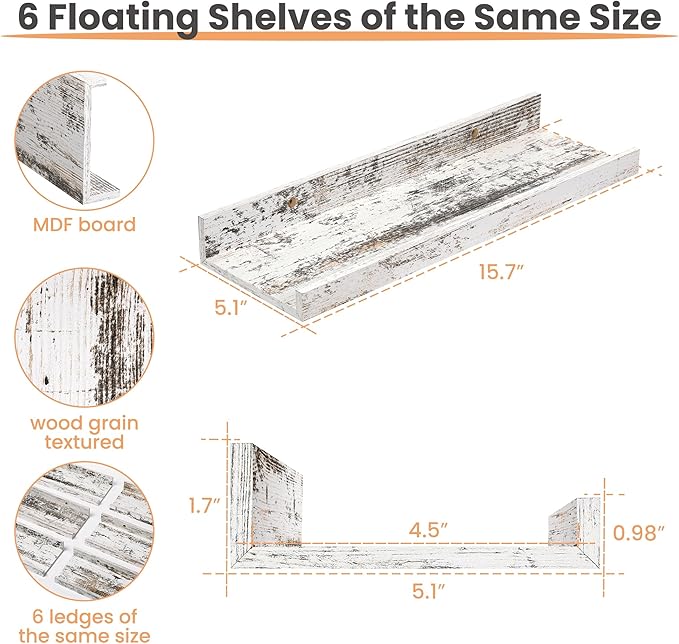 upsimples Floating Shelves for Wall, Wall Shelves for Decor Storage Set of 6