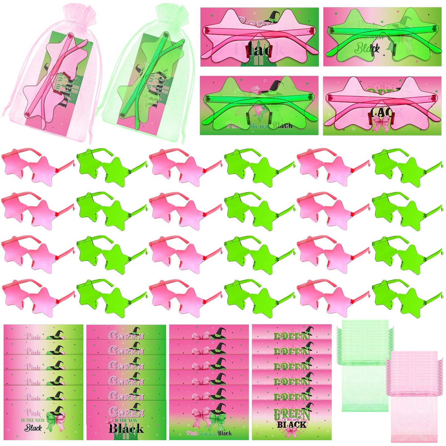 Tellegloww 24 Set Witch Party Favor Pink and Green Star Sunglasses Princess and Witch Cards Organza Bags Birthday Party Supplies Decorations