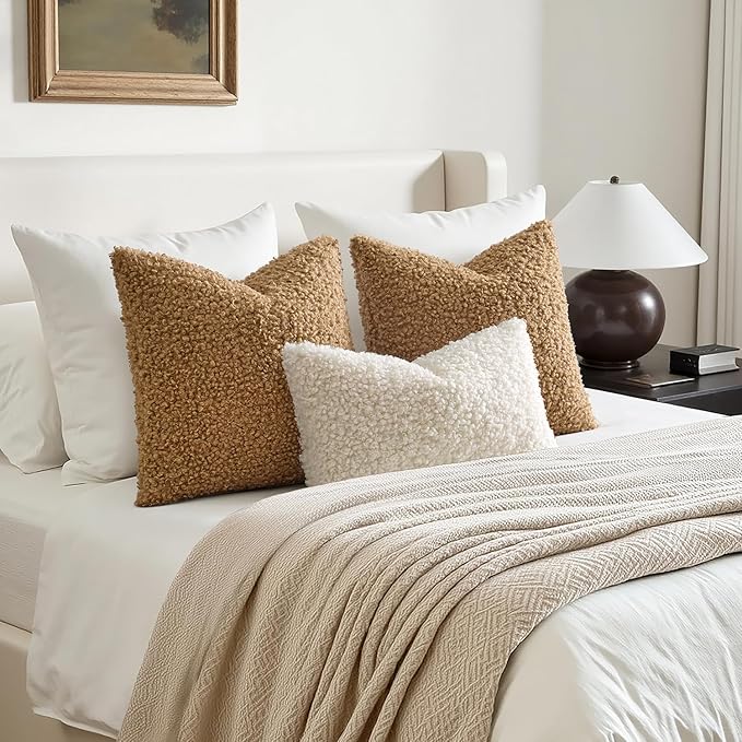 Faux Fur Throw Pillow Covers 20x20 Inch Set of 2 Boucle Neutral Decorative