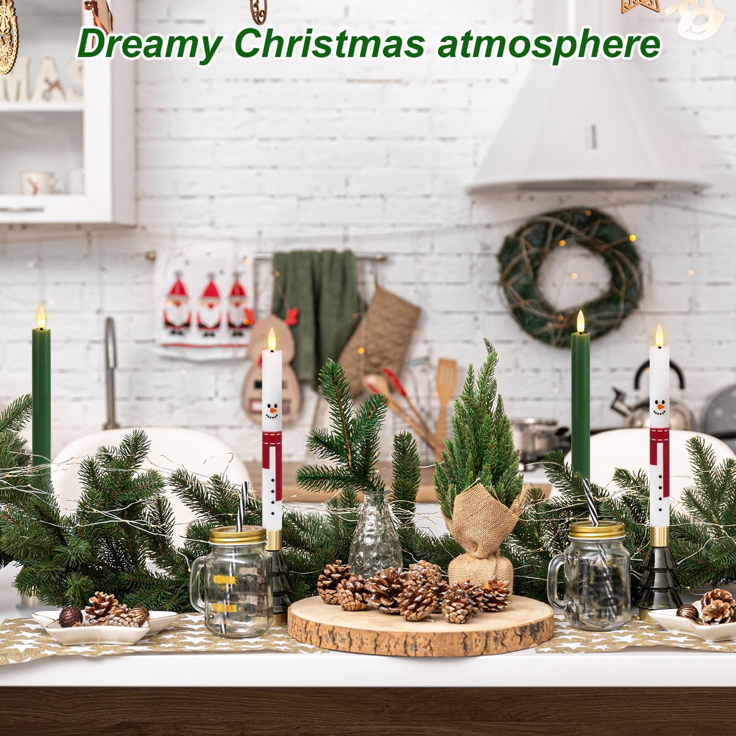 Lasumora Christmas Flameless Taper Candles with Remote Timer, 6 Pack LED Flickering Candlestick, Battery Operated Real Wax Candles with Santa Claus, Snowman and Christmas Tree Prints for Home Décor