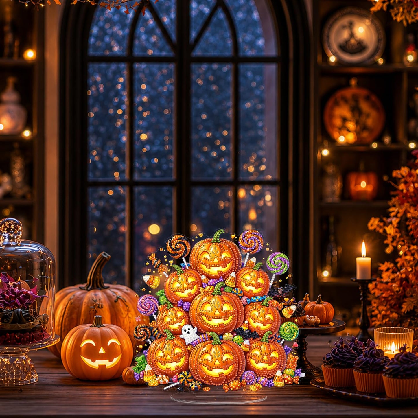 Eiflow Tabletop Diamond Art Kit for Adults Halloween, DIY Table Top Diamond Art Painting with Stand, Acrylic Stand Up Gem Painting Desktop Board Kit (Pumpkins)