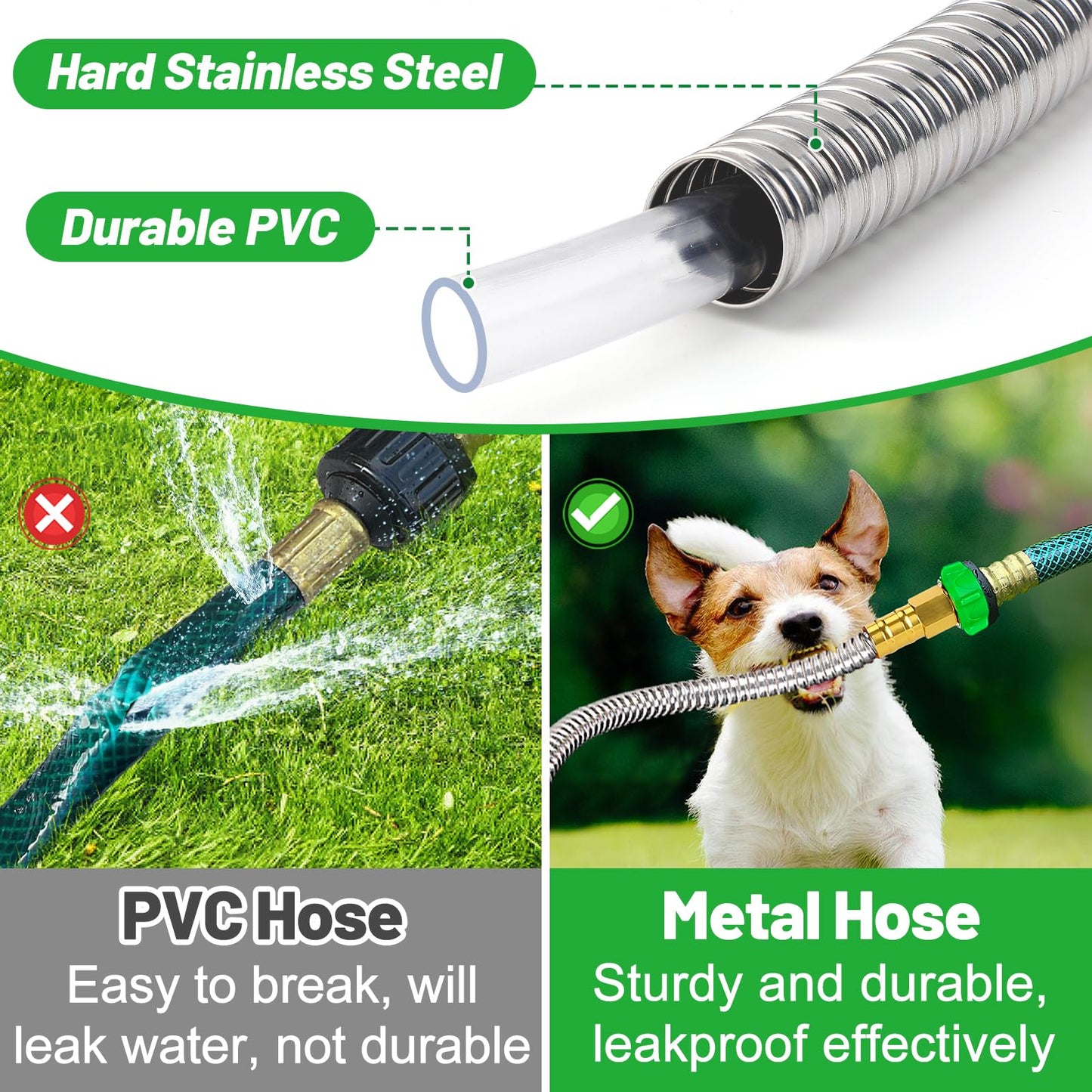 Garden Hose with Male to Female Connector - 50 ft Metal Leakproof Water Pipe, Kink-free 304 Stainless Steel Hose for Outdoor Garden Watering Car Pet Cleaning