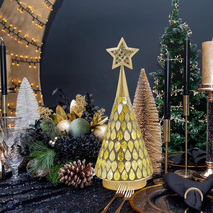 Mosaic Glass Christmas Tree Gold with Star, 3 PCS Small Tabletop Christmas Trees with Light, Battery Operated Xmas Tree for Bedroom Decor 11"