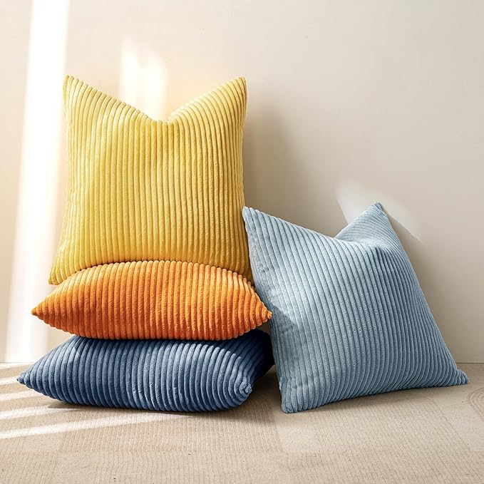 MIULEE Pack of 4 Blue-Orange Corduroy Decorative Throw Pillow Covers 18x18 Inch