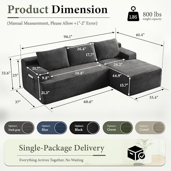 96" Sectional Couches for Living Room Cloud Couch Sofa