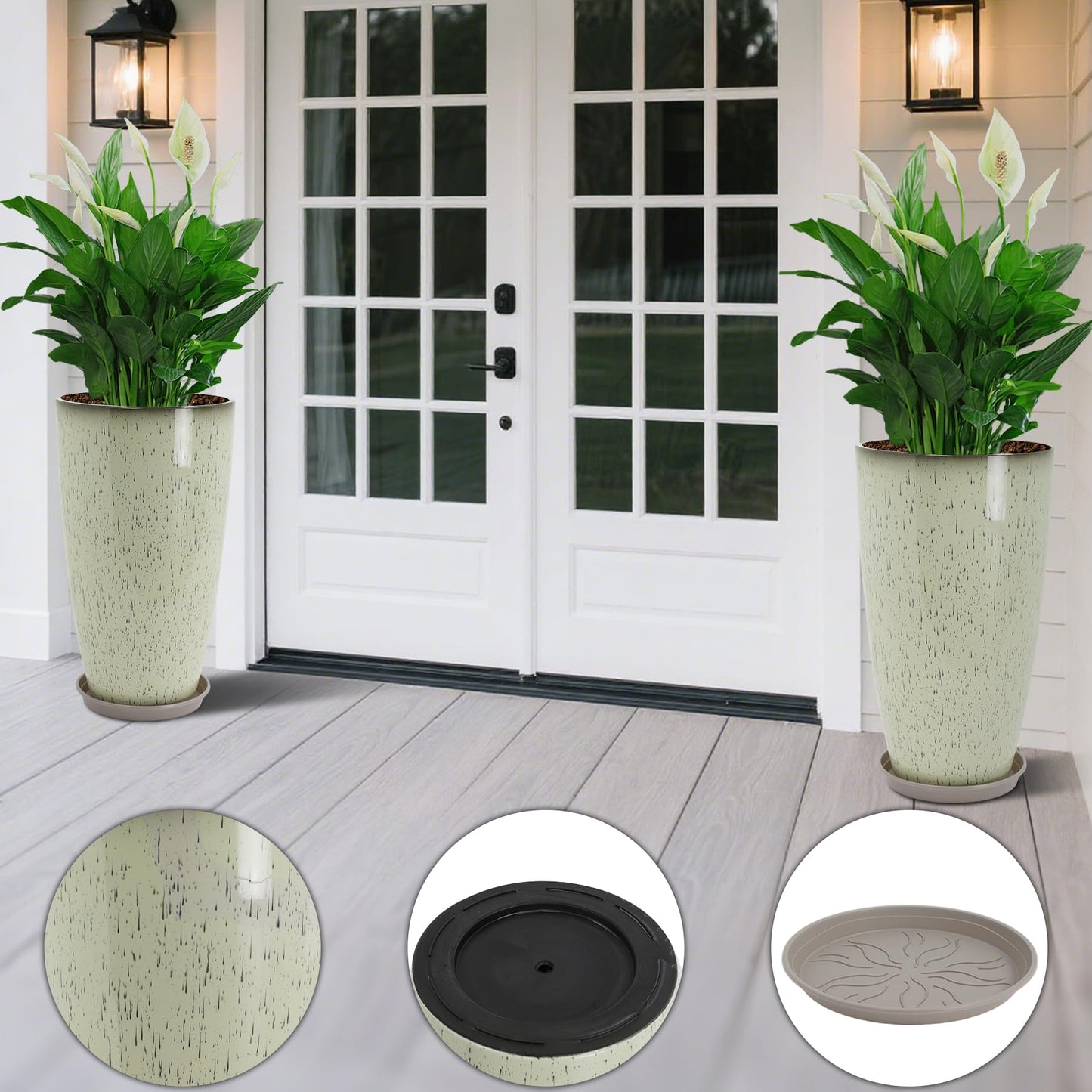 Neoaider Set of 2 Lightweight Ceramic-Look Tall Planter, 21 inch Large Plastic Planter with Drain Hole & Saucers, Large Outdoor Planters for Porch, Garden, Patio, Balcony(Drip Glaze)