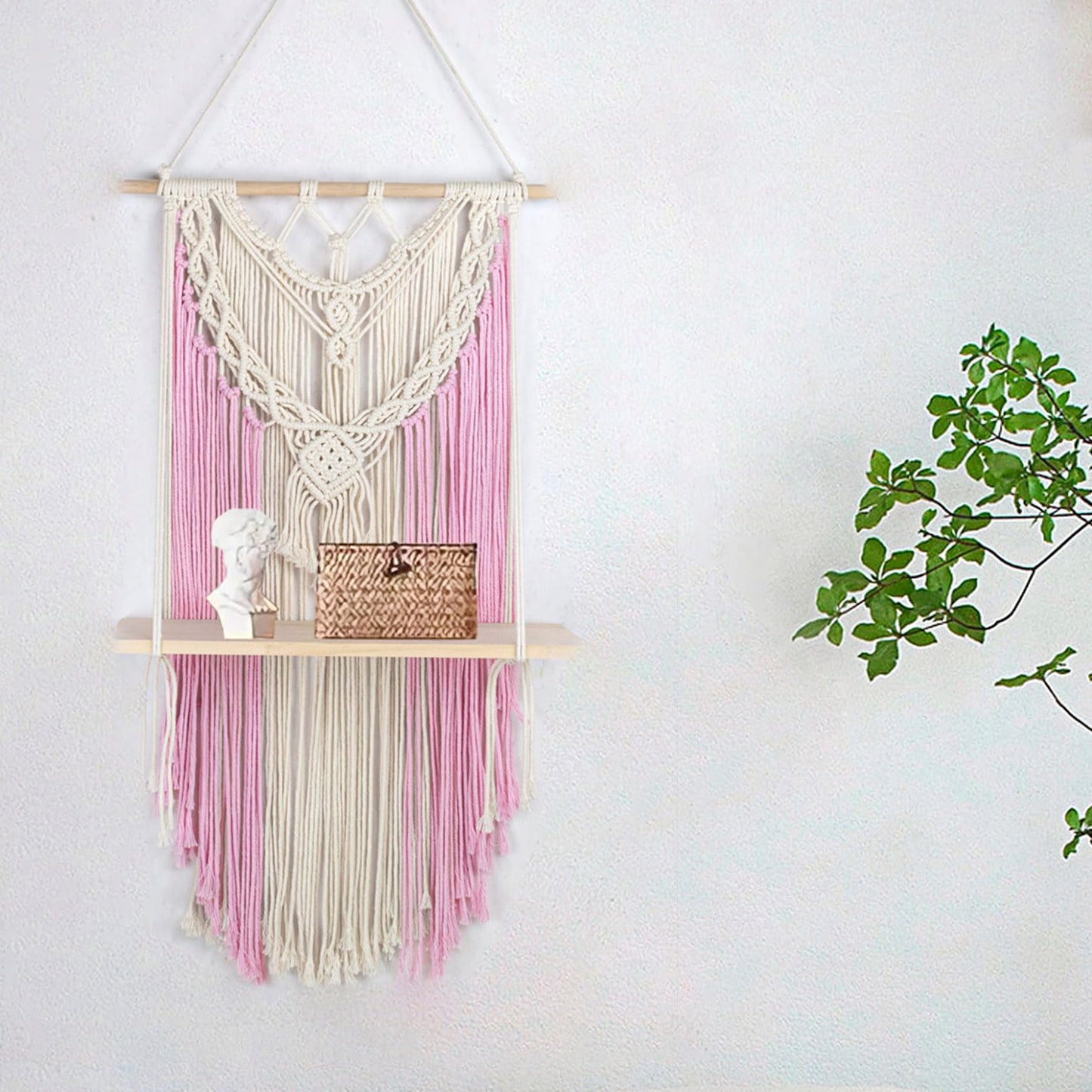 HVEST Pink Macrame Wall Hanging Shelf Boho Wall Decor Floating Storage Book Shelf Pink and Beige Handmade Woven Tapestry for Bedroom Living Room Dorm Nursery Bathroom Wall Art Macrame Plant Hanger