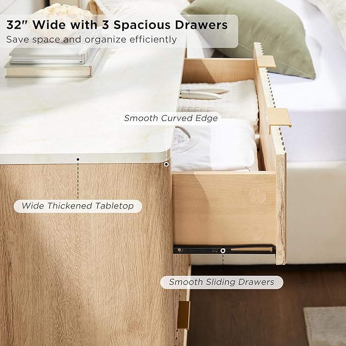 T4TREAM Fluted 3 Drawers Nightstand Set of 2, Oversized Extra Large Modern Side