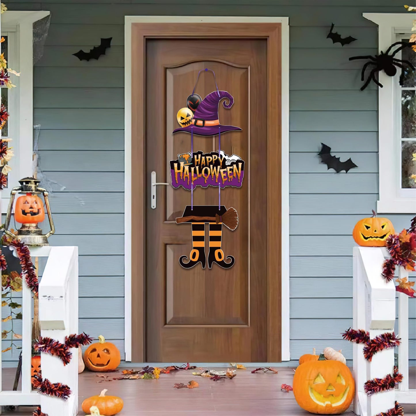 CAMATET Halloween Metal Pumpkin Yard Stakes, Stackable Pumpkin Signs Garden Stake with Witch Door Hanging, Outdoor Halloween Decorations for Lawn Party (Set of 3, Style B)