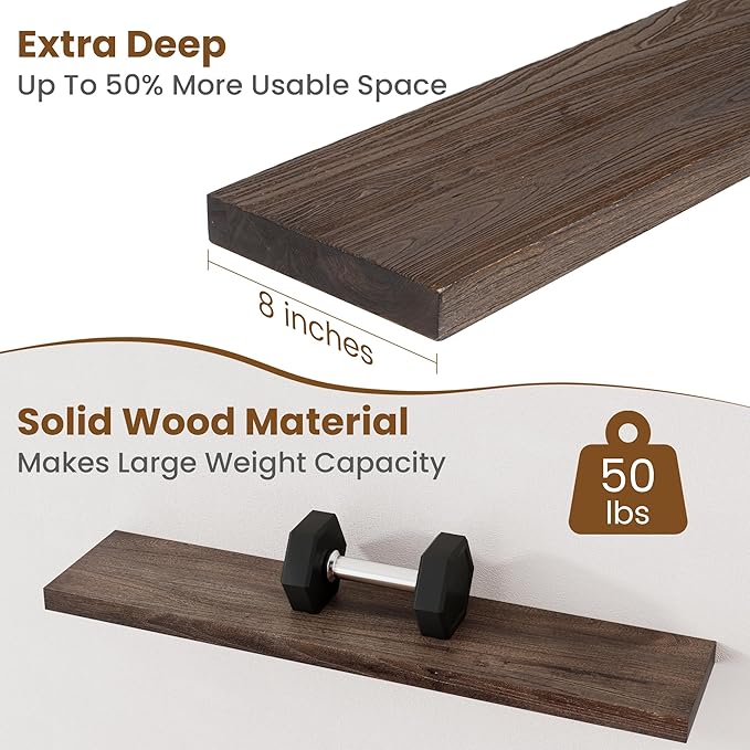 Floating Shelves for Wall Decor, 8 Inch Deep Rustic Solid Elm Wood Floating